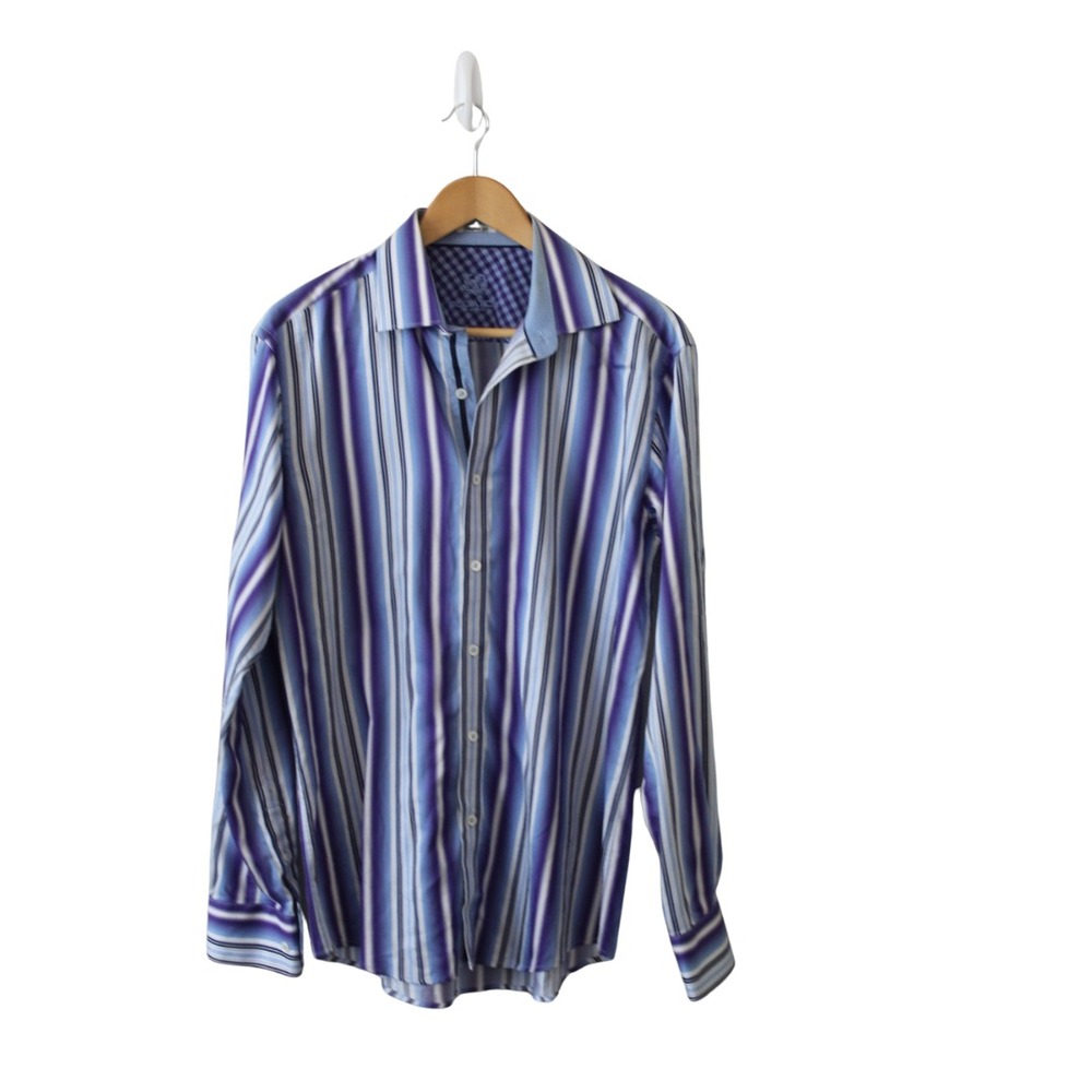 Bugatchi Mens Medium Button Down Shirt Long Sleeve Blue/Purple Stripe